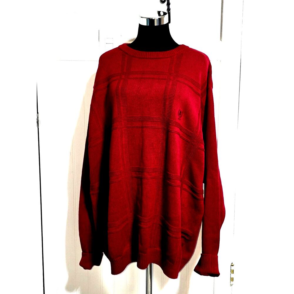 Izod Men's 2XLT Red/ Burgundy Window Pane Knit Pullover Sweater 100% Cotton EUC